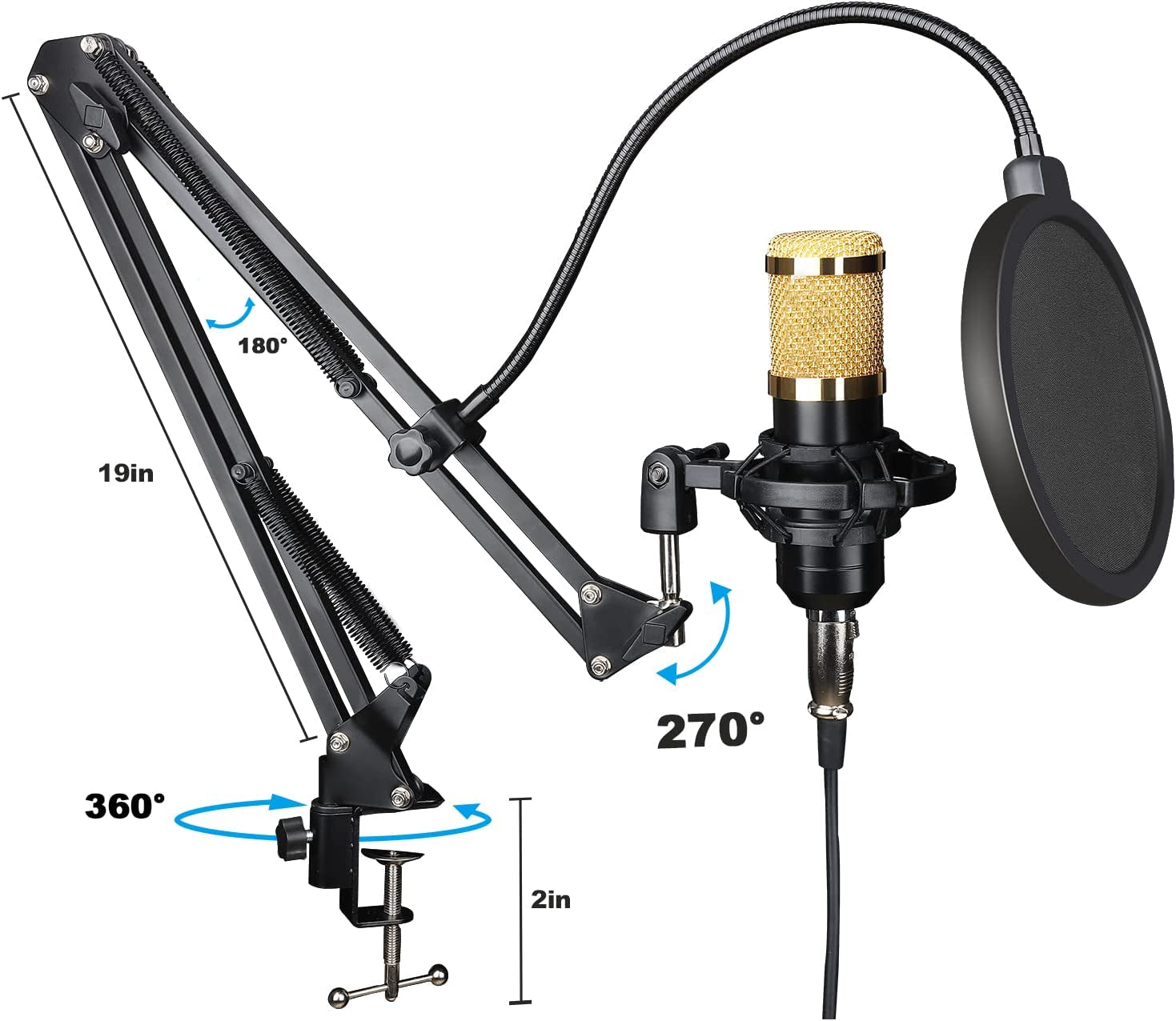 Studio Condenser USB Microphone Computer PC Microphone Kit with Adjustable Scissor Arm Stand Shock Mount