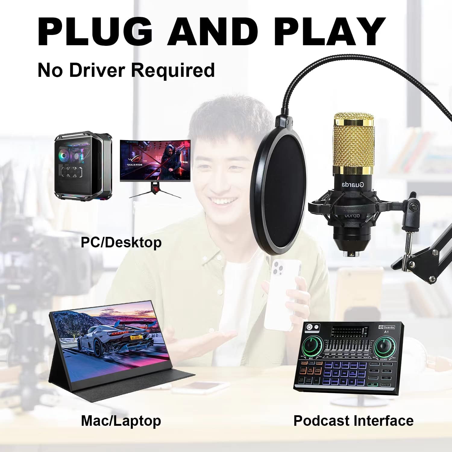 Studio Condenser USB Microphone Computer PC Microphone Kit with Adjustable Scissor Arm Stand Shock Mount